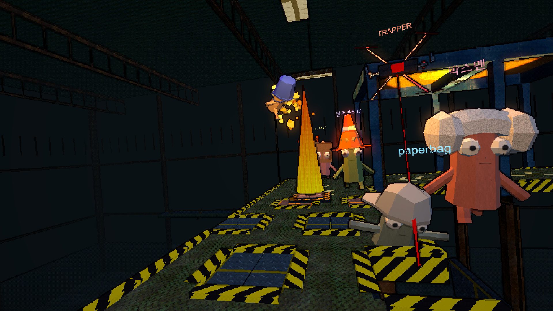 A trapper's drone hovers over the factory course while four runners in traffic-cone and paper-bag hats dodge a flame jet.
