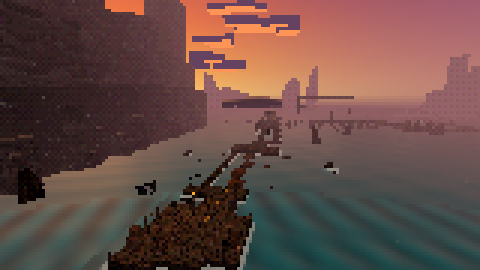 Pirate grotto: a broken wooden pier leading across a misty cove at sunset.